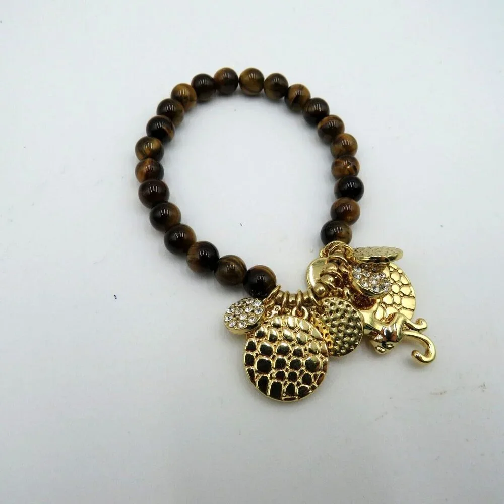 Lilly Pulitzer Bracelet Tigers Eye Beads Gold Tone Charms Rhinestones Stretch - Picture 3 of 6